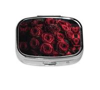 Square Round Pill Case Full of Red Roses Pill Box Daily 2 Compartment Travel Pill Container for Pocket Purse Portable Medicine Cod Liver Oil Storage Box 2 Times a Day Pill Organizer