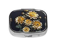 Square Round Pill Case Gold Flowers on Black Pill Box Daily 2 Compartment Travel Pill Container for Pocket Purse Portable Medicine Cod Liver Oil Storage Box 2 Times a Day Pill Organizer