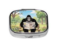 Square Round Pill Case Gorilla Reading Newspaper Pill Box Daily 2 Compartment Travel Pill Container for Pocket Purse Portable Medicine Cod Liver Oil Storage Box 2 Times a Day Pill Organizer