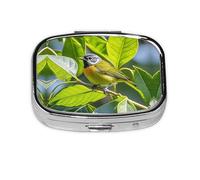 Square Round Pill Case Green Leaves and Birds Pill Box Daily 2 Compartment Travel Pill Container for Pocket Purse Portable Medicine Cod Liver Oil Storage Box 2 Times a Day Pill Organizer
