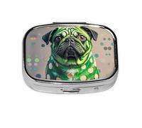 Square Round Pill Case Green Polka Dot Pug Pill Box Daily 2 Compartment Travel Pill Container for Pocket Purse Portable Medicine Cod Liver Oil Storage Box 2 Times a Day Pill Organizer
