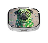 Square Round Pill Case Green Polka Dot Pug Pill Box Daily 2 Compartment Travel Pill Container for Pocket Purse Portable Medicine Cod Liver Oil Storage Box 2 Times a Day Pill Organizer