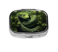 Square Round Pill Case Green Snake on Trees Pill Box Daily 2 Compartment Travel Pill Container for Pocket Purse Portable Medicine Cod Liver Oil Storage Box 2 Times a Day Pill Organizer