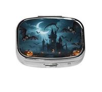 Square Round Pill Case Halloween Moon and Bat Pill Box Daily 2 Compartment Travel Pill Container for Pocket Purse Portable Medicine Cod Liver Oil Storage Box 2 Times a Day Pill Organizer