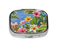 Square Round Pill Case Hawaii Flowers Pill Box Daily 2 Compartment Travel Pill Container for Pocket Purse Portable Medicine Cod Liver Oil Storage Box 2 Times a Day Pill Organizer