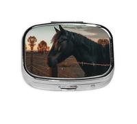 Square Round Pill Case Horse in Fence Pill Box Daily 2 Compartment Travel Pill Container for Pocket Purse Portable Medicine Cod Liver Oil Storage Box 2 Times a Day Pill Organizer