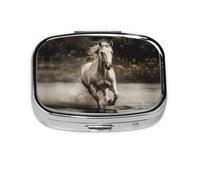 Square Round Pill Case Horse Running by the Water Pill Box Daily 2 Compartment Travel Pill Container for Pocket Purse Portable Medicine Cod Liver Oil Storage Box 2 Times a Day Pill Organizer
