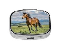 Square Round Pill Case Horse Running in Field Pill Box Daily 2 Compartment Travel Pill Container for Pocket Purse Portable Medicine Cod Liver Oil Storage Box 2 Times a Day Pill Organizer