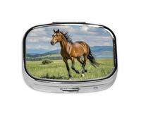 Square Round Pill Case Horse Running in Field Pill Box Daily 2 Compartment Travel Pill Container for Pocket Purse Portable Medicine Cod Liver Oil Storage Box 2 Times a Day Pill Organizer