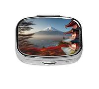 Square Round Pill Case Japan Mount Fuji Landscape Pill Box Daily 2 Compartment Travel Pill Container for Pocket Purse Portable Medicine Cod Liver Oil Storage Box 2 Times a Day Pill Organizer
