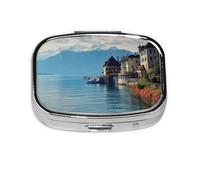 Square Round Pill Case Lake Geneva Switzerland Pill Box Daily 2 Compartment Travel Pill Container for Pocket Purse Portable Medicine Cod Liver Oil Storage Box 2 Times a Day Pill Organizer