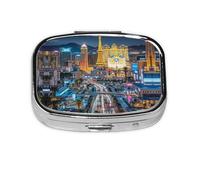 Square Round Pill Case Las Vegas Night City Pill Box Daily 2 Compartment Travel Pill Container for Pocket Purse Portable Medicine Cod Liver Oil Storage Box 2 Times a Day Pill Organizer
