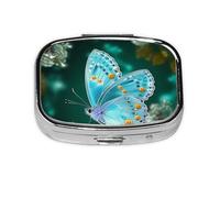 Square Round Pill Case Light Blue Butterfly Pill Box Daily 2 Compartment Travel Pill Container for Pocket Purse Portable Medicine Cod Liver Oil Storage Box 2 Times a Day Pill Organizer