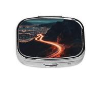Square Round Pill Case Mountain Road at Night Pill Box Daily 2 Compartment Travel Pill Container for Pocket Purse Portable Medicine Cod Liver Oil Storage Box 2 Times a Day Pill Organizer