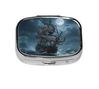 Square Round Pill Case Octopus Kraken Pirate Ship Ocean Pill Box Daily 2 Compartment Travel Pill Container for Pocket Purse Portable Medicine Cod Liver Oil Storage Box 2 Times a Day Pill Organizer