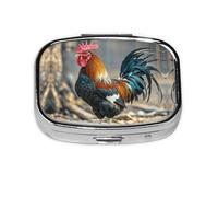 Square Round Pill Case Old Rooster Illustration Pill Box Daily 2 Compartment Travel Pill Container for Pocket Purse Portable Medicine Cod Liver Oil Storage Box 2 Times a Day Pill Organizer