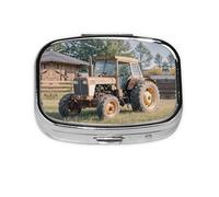 Square Round Pill Case Old Tractor Photo Farm Pill Box Daily 2 Compartment Travel Pill Container for Pocket Purse Portable Medicine Cod Liver Oil Storage Box 2 Times a Day Pill Organizer