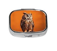 Square Round Pill Case Owl Sitting on Orange Background Pill Box Daily 2 Compartment Travel Pill Container for Pocket Purse Portable Medicine Cod Liver Oil Storage Box 2 Times a Day Pill Organizer
