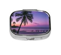 Square Round Pill Case Palm Tree Purple Sun Pill Box Daily 2 Compartment Travel Pill Container for Pocket Purse Portable Medicine Cod Liver Oil Storage Box 2 Times a Day Pill Organizer