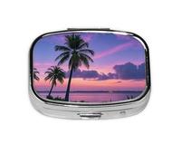 Square Round Pill Case Palm Tree Purple Sunset Pill Box Daily 2 Compartment Travel Pill Container for Pocket Purse Portable Medicine Cod Liver Oil Storage Box 2 Times a Day Pill Organizer
