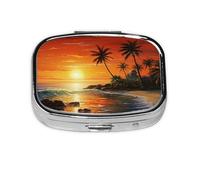 Square Round Pill Case Palm Tree Sun Landscape Pill Box Daily 2 Compartment Travel Pill Container for Pocket Purse Portable Medicine Cod Liver Oil Storage Box 2 Times a Day Pill Organizer