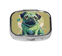 Square Round Pill Case Pug Green Polka Dot Pill Box Daily 2 Compartment Travel Pill Container for Pocket Purse Portable Medicine Cod Liver Oil Storage Box 2 Times a Day Pill Organizer