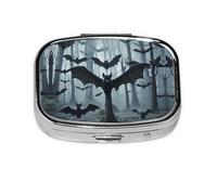 Square Round Pill Case Purple Black Goth Spooky Bat Pill Box Daily 2 Compartment Travel Pill Container for Pocket Purse Portable Medicine Cod Liver Oil Storage Box 2 Times a Day Pill Organizer