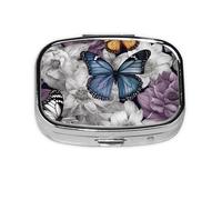 Square Round Pill Case Purple Butterflies Floral Pill Box Daily 2 Compartment Travel Pill Container for Pocket Purse Portable Medicine Cod Liver Oil Storage Box 2 Times a Day Pill Organizer
