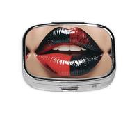 Square Round Pill Case Red and Black Lips Pill Box Daily 2 Compartment Travel Pill Container for Pocket Purse Portable Medicine Cod Liver Oil Storage Box 2 Times a Day Pill Organizer