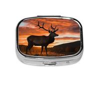 Square Round Pill Case Red Deer Bull Elk Sunset Pill Box Daily 2 Compartment Travel Pill Container for Pocket Purse Portable Medicine Cod Liver Oil Storage Box 2 Times a Day Pill Organizer