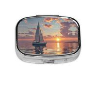 Square Round Pill Case Sailboat and Sunset Pill Box Daily 2 Compartment Travel Pill Container for Pocket Purse Portable Medicine Cod Liver Oil Storage Box 2 Times a Day Pill Organizer