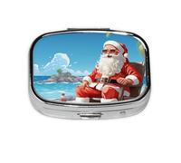 Square Round Pill Case Santa Claus at Beach Pill Box Daily 2 Compartment Travel Pill Container for Pocket Purse Portable Medicine Cod Liver Oil Storage Box 2 Times a Day Pill Organizer