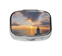 Square Round Pill Case Sea and Lighthouse Pill Box Daily 2 Compartment Travel Pill Container for Pocket Purse Portable Medicine Cod Liver Oil Storage Box 2 Times a Day Pill Organizer