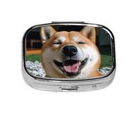 Square Round Pill Case Shiba Inu Smile Tongue Out Pill Box Daily 2 Compartment Travel Pill Container for Pocket Purse Portable Medicine Cod Liver Oil Storage Box 2 Times a Day Pill Organizer