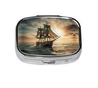 Square Round Pill Case Ship Sailing Alone Pill Box Daily 2 Compartment Travel Pill Container for Pocket Purse Portable Medicine Cod Liver Oil Storage Box 2 Times a Day Pill Organizer