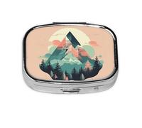 Square Round Pill Case Simplify Mountains and Forests Pill Box Daily 2 Compartment Travel Pill Container for Pocket Purse Portable Medicine Cod Liver Oil Storage Box 2 Times a Day Pill Organizer
