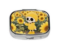 Square Round Pill Case Skeleton Sunflower Pill Box Daily 2 Compartment Travel Pill Container for Pocket Purse Portable Medicine Cod Liver Oil Storage Box 2 Times a Day Pill Organizer