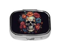 Square Round Pill Case Skull Surrounded by Flowers Pill Box Daily 2 Compartment Travel Pill Container for Pocket Purse Portable Medicine Cod Liver Oil Storage Box 2 Times a Day Pill Organizer