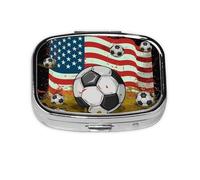 Square Round Pill Case Soccer USA American Flag Pill Box Daily 2 Compartment Travel Pill Container for Pocket Purse Portable Medicine Cod Liver Oil Storage Box 2 Times a Day Pill Organizer