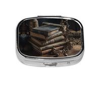 Square Round Pill Case Stack of Old Books Pill Box Daily 2 Compartment Travel Pill Container for Pocket Purse Portable Medicine Cod Liver Oil Storage Box 2 Times a Day Pill Organizer