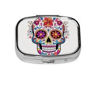 Square Round Pill Case Sugar Skull Pill Box Daily 2 Compartment Travel Pill Container for Pocket Purse Portable Medicine Cod Liver Oil Storage Box 2 Times a Day Pill Organizer