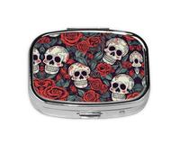 Square Round Pill Case Sugar Skulls and Red Roses Pill Box Daily 2 Compartment Travel Pill Container for Pocket Purse Portable Medicine Cod Liver Oil Storage Box 2 Times a Day Pill Organizer