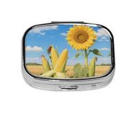 Square Round Pill Case Sunflower and Corn Print Pill Box Daily 2 Compartment Travel Pill Container for Pocket Purse Portable Medicine Cod Liver Oil Storage Box 2 Times a Day Pill Organizer