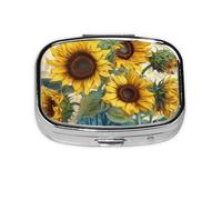 Square Round Pill Case Sunflower Print Pill Box Daily 2 Compartment Travel Pill Container for Pocket Purse Portable Medicine Cod Liver Oil Storage Box 2 Times a Day Pill Organizer