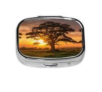Square Round Pill Case Sunrise on Big Tree Pill Box Daily 2 Compartment Travel Pill Container for Pocket Purse Portable Medicine Cod Liver Oil Storage Box 2 Times a Day Pill Organizer