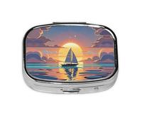 Square Round Pill Case Sunset and Sailboat Pill Box Daily 2 Compartment Travel Pill Container for Pocket Purse Portable Medicine Cod Liver Oil Storage Box 2 Times a Day Pill Organizer