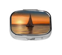 Square Round Pill Case Sunset Beach Sailboat Pill Box Daily 2 Compartment Travel Pill Container for Pocket Purse Portable Medicine Cod Liver Oil Storage Box 2 Times a Day Pill Organizer