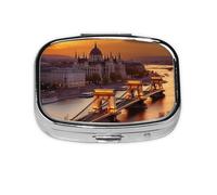 Square Round Pill Case Sunset in Budapest Pill Box Daily 2 Compartment Travel Pill Container for Pocket Purse Portable Medicine Cod Liver Oil Storage Box 2 Times a Day Pill Organizer