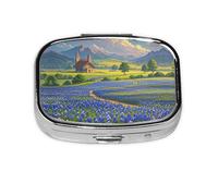 Square Round Pill Case Texas Bluebonnets Scenery Pill Box Daily 2 Compartment Travel Pill Container for Pocket Purse Portable Medicine Cod Liver Oil Storage Box 2 Times a Day Pill Organizer