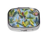 Square Round Pill Case Tropical Plants and Parrots Pill Box Daily 2 Compartment Travel Pill Container for Pocket Purse Portable Medicine Cod Liver Oil Storage Box 2 Times a Day Pill Organizer
